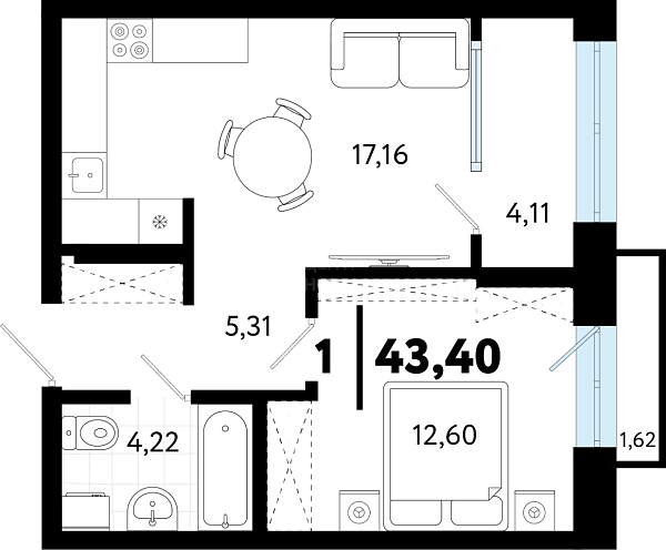 1-к квартира в новостройке, 43 кв.м., ул Бирюзова, 8