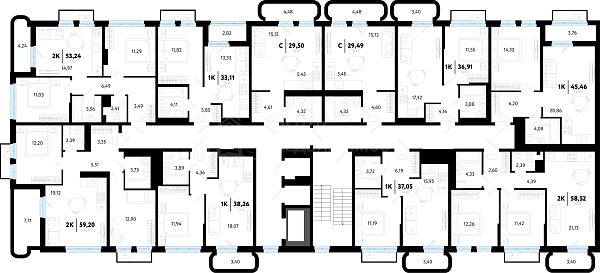 2-к квартира в новостройке, 53 кв.м.