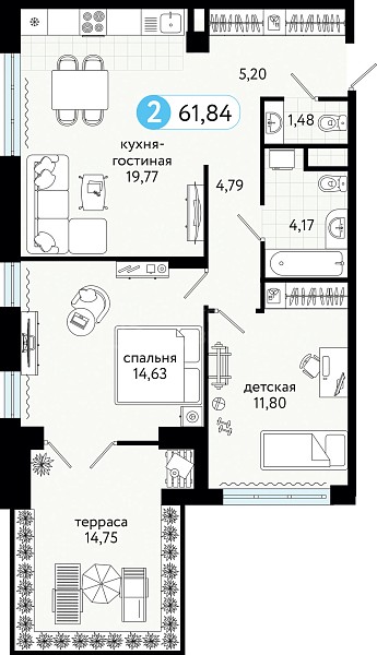 2-к квартира в новостройке, 61 кв.м., улица Сергея Джанбровского, 25