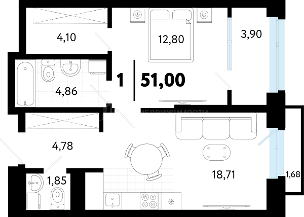 1-к квартира в новостройке, 51 кв.м., ул Бирюзова, 8