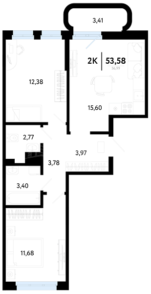 2-к квартира в новостройке, 53 кв.м., Калининский, ул Василия Малкова, 32