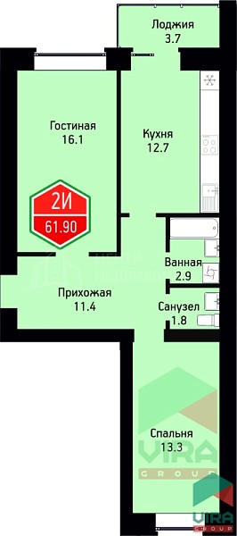 2-к квартира в новостройке, 61 кв.м., жилой комплекс На Ватутина