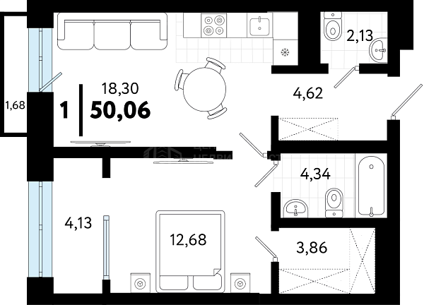 1-к квартира в новостройке, 50 кв.м., ул Бирюзова, 8