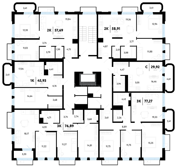 2-к квартира в новостройке, 57 кв.м.