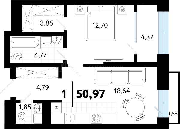 1-к квартира в новостройке, 50 кв.м., ул Бирюзова, 8