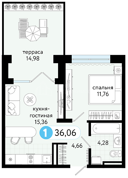 1-к квартира в новостройке, 36 кв.м., ул С. Джанбровского, 21