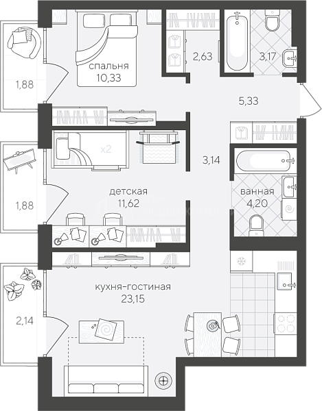 2-к квартира в новостройке, 69 кв.м., улица Алексея Сергиенко, 13