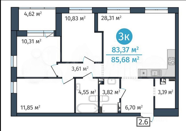 3-к квартира, 85 кв.м., Краснооктябрьская улица, 6