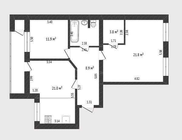 2-к квартира, 73 кв.м., улица Циолковского, 15