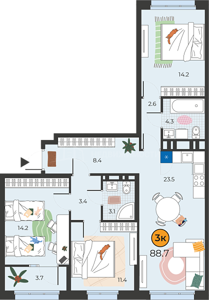 3-к квартира в новостройке, 88 кв.м., Тюмень