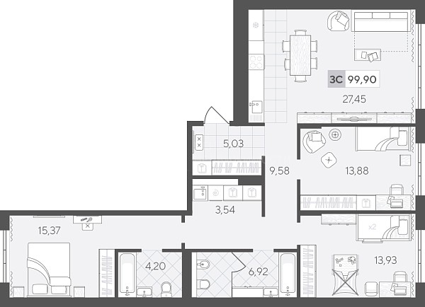 3-к квартира в новостройке, 99 кв.м., Сергея Свиридова, 11