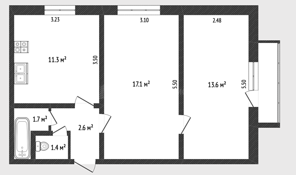 2-к квартира, 47 кв.м., улица Республики, 246