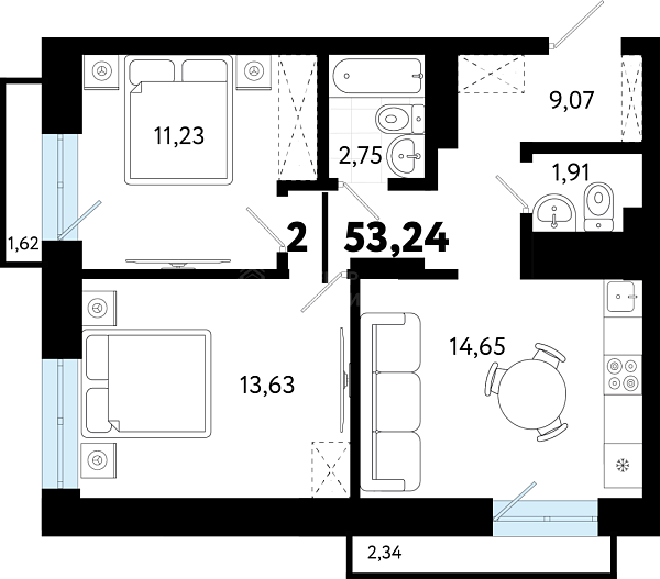 2-к квартира в новостройке, 53 кв.м., ул Бирюзова, 8