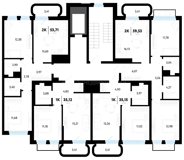 2-к квартира в новостройке, 59 кв.м.