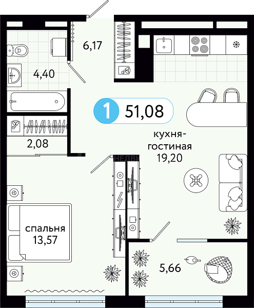 1-к квартира в новостройке, 51 кв.м., ул С. Джанбровского, 21
