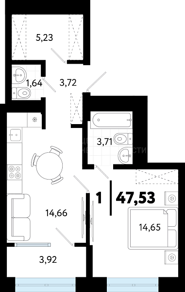 1-к квартира в новостройке, 47 кв.м., ул Бирюзова, 8