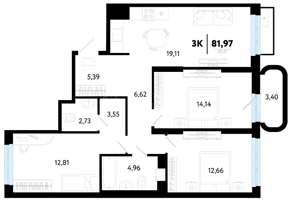 3-к квартира в новостройке, 81 кв.м., Калининский, ул Василия Малкова, 32
