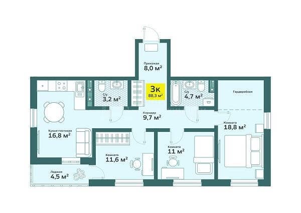 3-к квартира в новостройке, 88 кв.м., tyumen