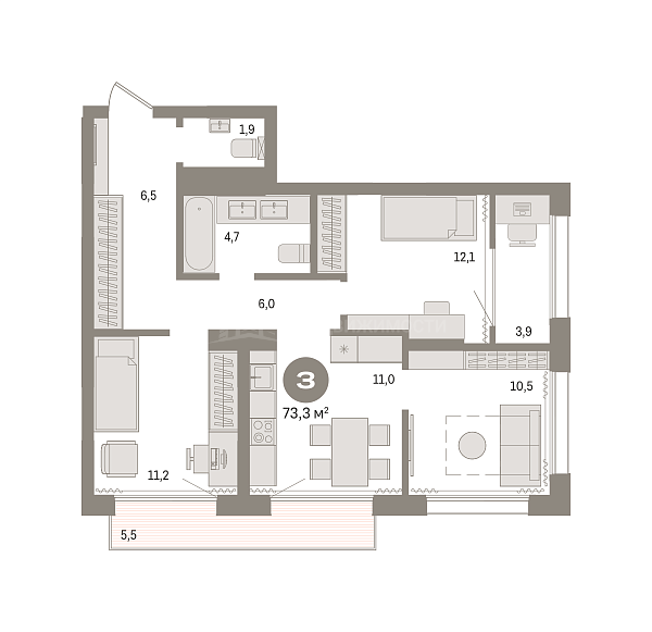 2-к квартира в новостройке, 73 кв.м.