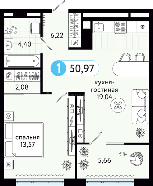 1-к квартира в новостройке, 50 кв.м., ул С. Джанбровского, 21