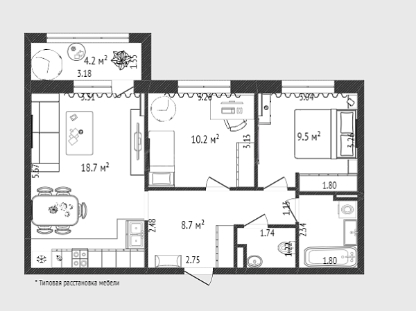 2-к квартира, 57 кв.м., улица Александра Пушкина, 10