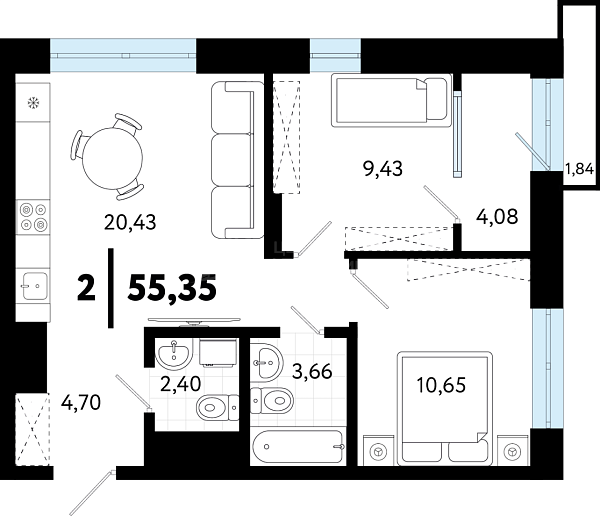 2-к квартира в новостройке, 55 кв.м., ул Бирюзова, 8