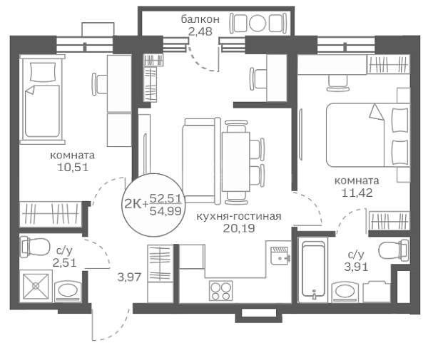 2-к квартира в новостройке, 52 кв.м., улица Петра Ершова, 10