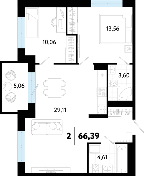 2-к квартира в новостройке, 66 кв.м., ул Ставропольская, 12