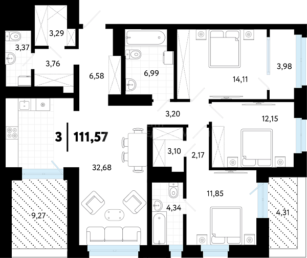 3-к квартира в новостройке, 111 кв.м., ул Бирюзова, 8