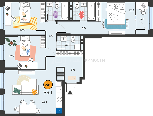 3-к квартира в новостройке, 93 кв.м., Тюмень