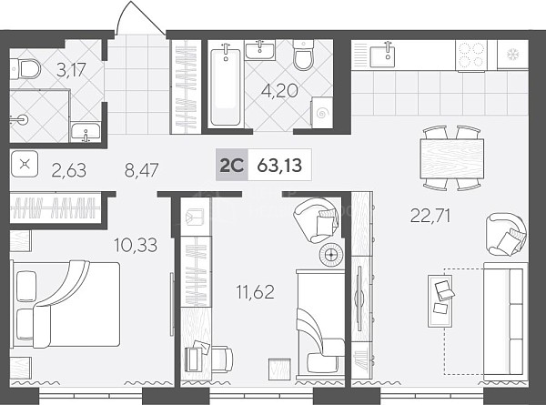 2-к квартира в новостройке, 63 кв.м., Сергея Свиридова,  11, к2