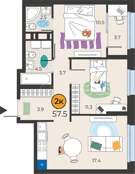 2-к квартира в новостройке, 57 кв.м., Тюмень