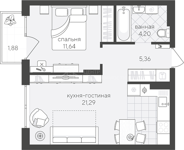 1-к квартира в новостройке, 42 кв.м., Василия Шамова, 6