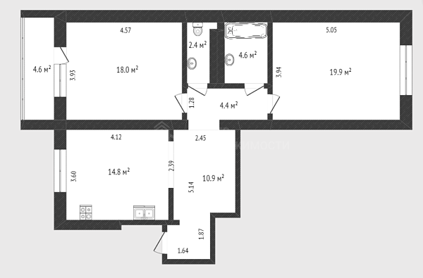 2-к квартира, 75 кв.м., улица Николая Семёнова, 31