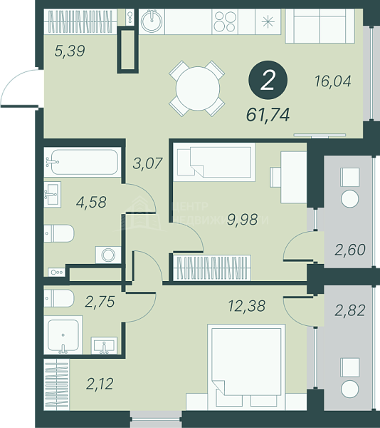 2-к квартира в новостройке, 61 кв.м., Разведчика Кузнецова, 9