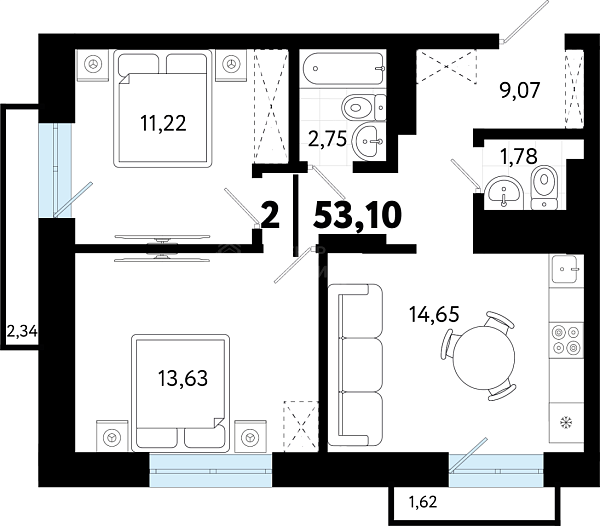 2-к квартира в новостройке, 53 кв.м., ул Бирюзова, 8