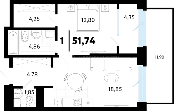 1-к квартира в новостройке, 51 кв.м., ул Бирюзова, 8