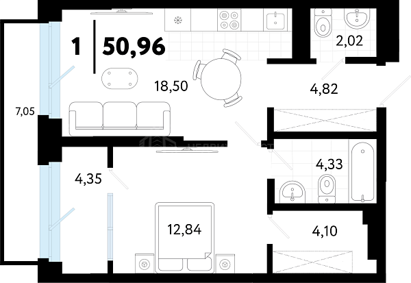 1-к квартира в новостройке, 50 кв.м., ул Бирюзова, 8