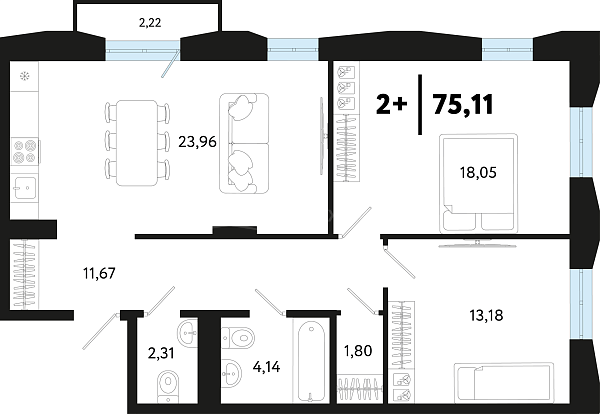 3-к квартира в новостройке, 75 кв.м.