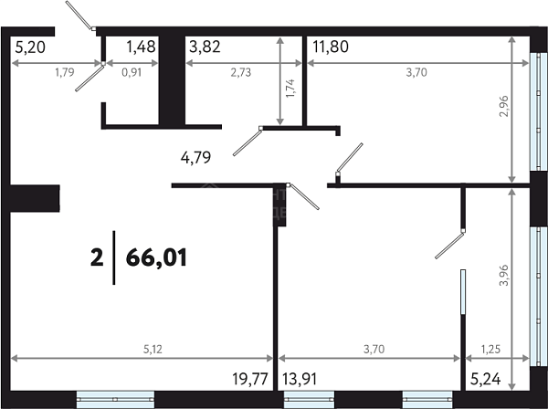 2-к квартира в новостройке, 66 кв.м.