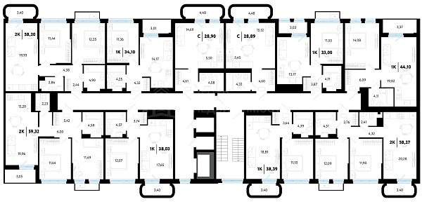 2-к квартира в новостройке, 58 кв.м.