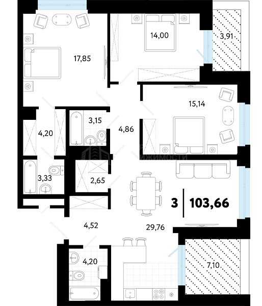 3-к квартира в новостройке, 103 кв.м., ул Бирюзова, 8