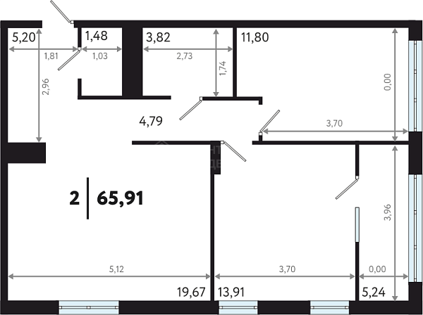 2-к квартира в новостройке, 65 кв.м.