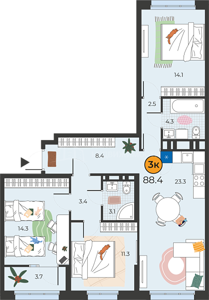 3-к квартира в новостройке, 88 кв.м., Тюмень