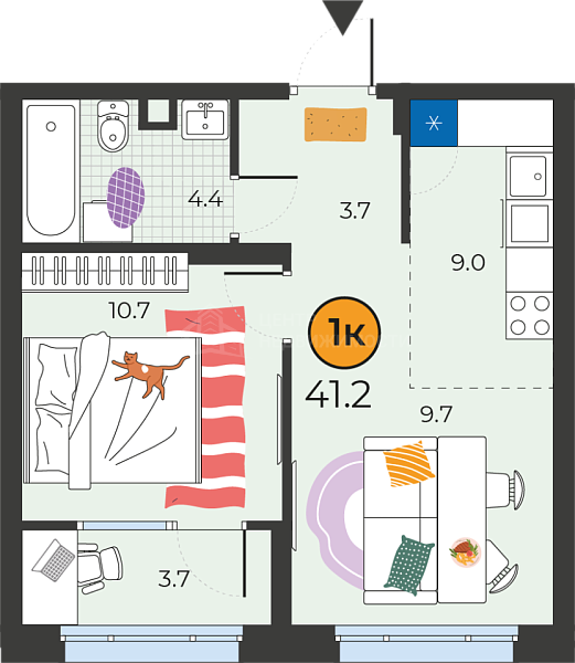 1-к квартира в новостройке, 41 кв.м., Тюмень