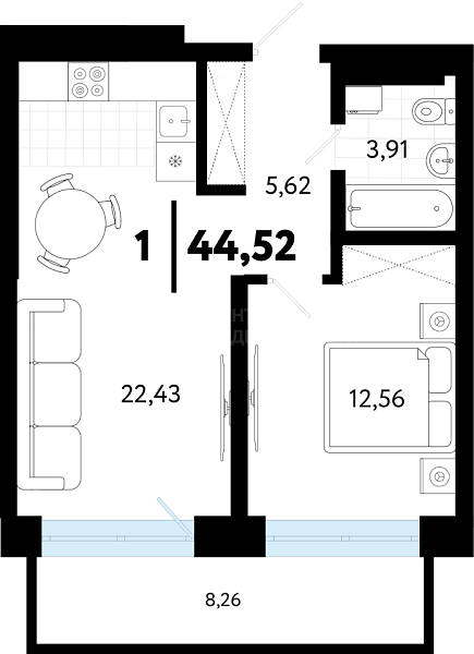 1-к квартира в новостройке, 44 кв.м., ул Бирюзова, 8