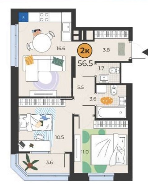 2-к квартира, 52 кв.м., улица Эльвиры Федоровой, 1к1