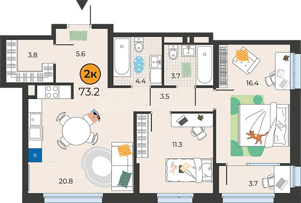 2-к квартира в новостройке, 73 кв.м., Тюмень