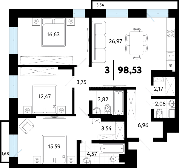 3-к квартира в новостройке, 98 кв.м., ул Малышева, 8