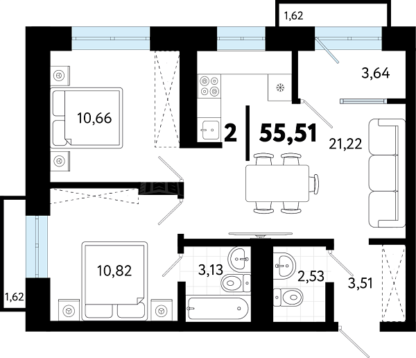 2-к квартира в новостройке, 55 кв.м., ул Бирюзова, 8